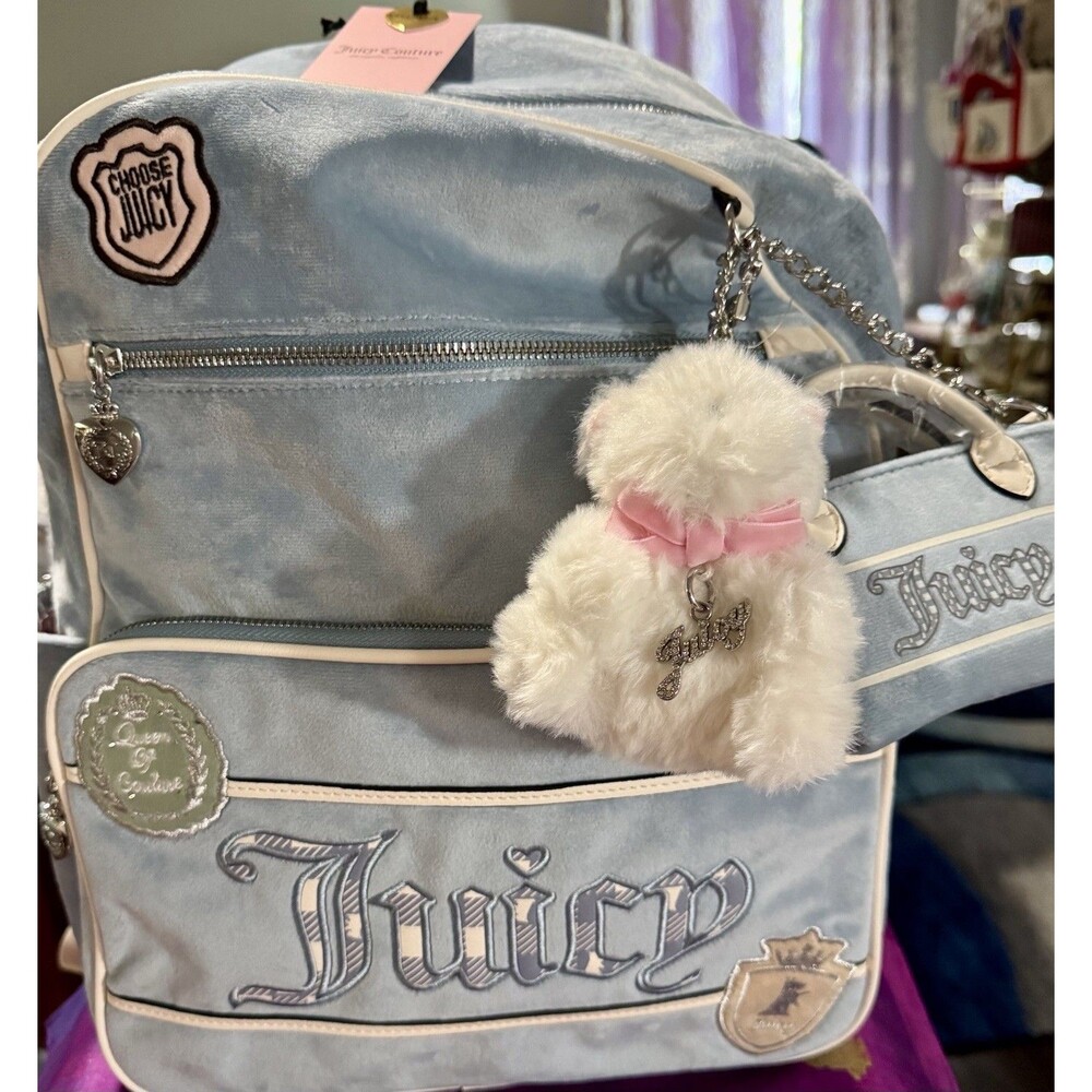 NWT Juicy Couture Study In Style Velour Backpack Bear Set Dusty Blue Pouch